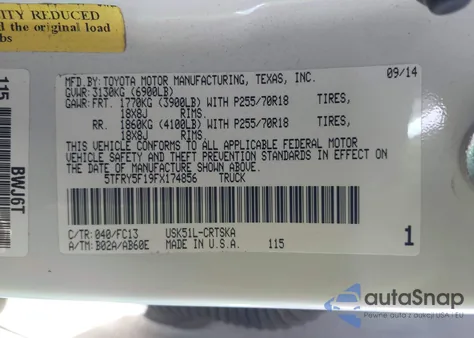 2015 Toyota Tundra Sr5 5.7L V8 z USA, uszkodzony, nr VIN 5TFRY5F19FX174856